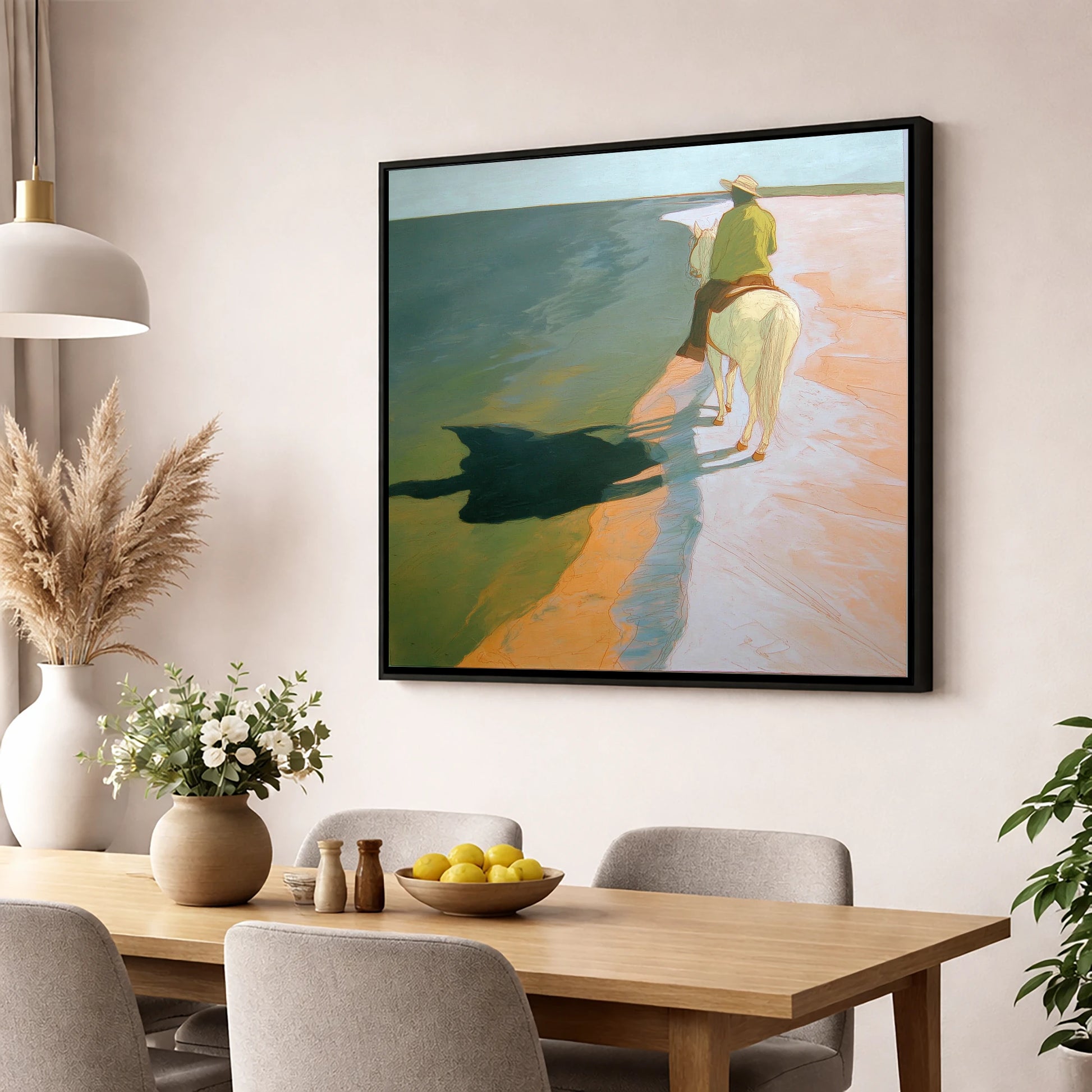 Tide Line Shadows beach horse wall art displayed in a dining room