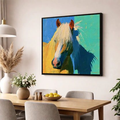 Vibrant Palomino Horse Portrait horse breed wall art displayed in a dining room