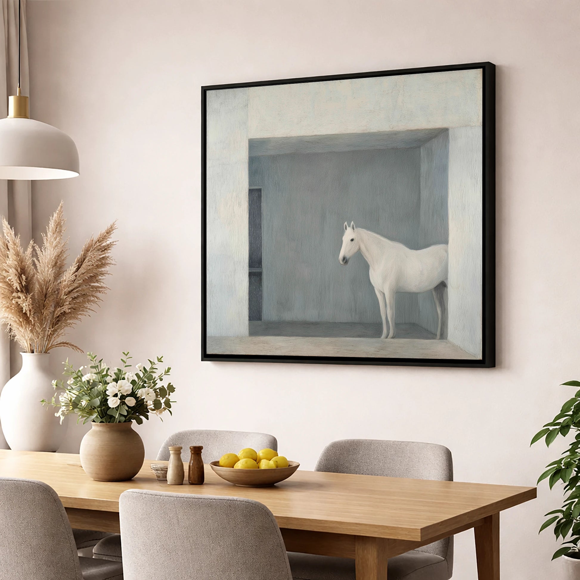 The Quiet Stall horse stable wall art displayed in a dining room