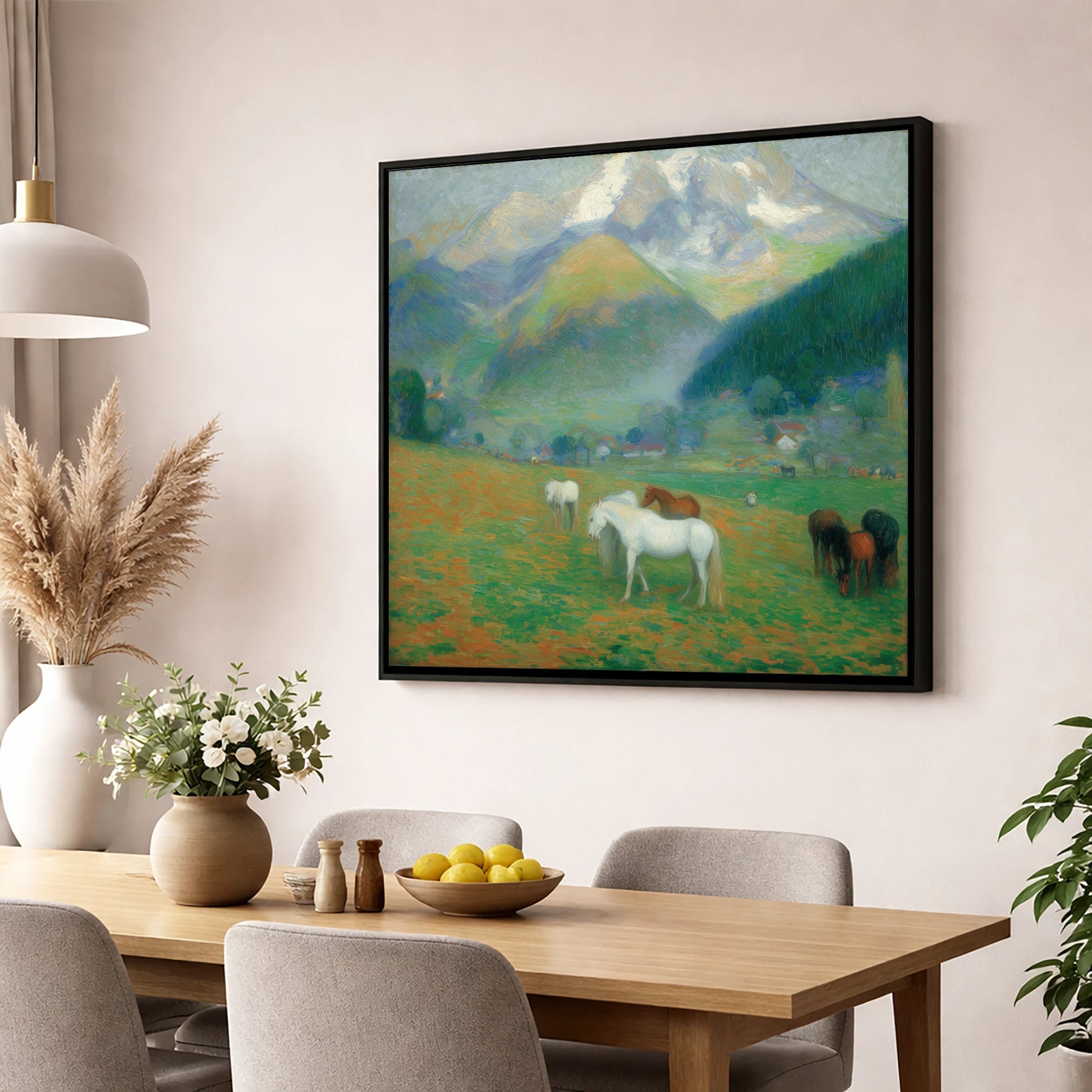 Luminous Mountain Pastures horse landscape wall art displayed in a dining room