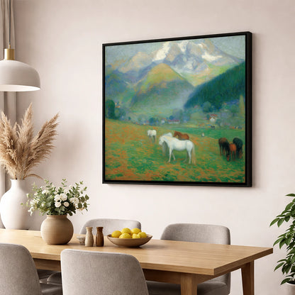 Luminous Mountain Pastures horse landscape wall art displayed in a dining room