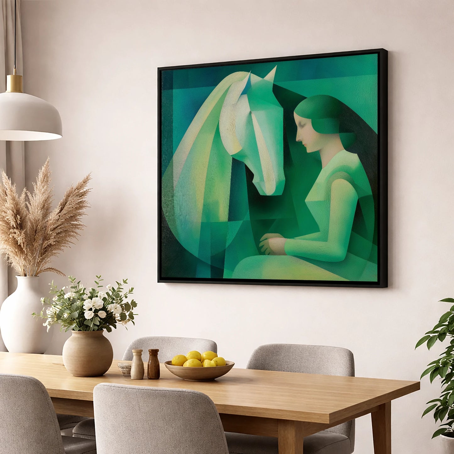 The Emerald Bond horse & rider wall art displayed in a dining room