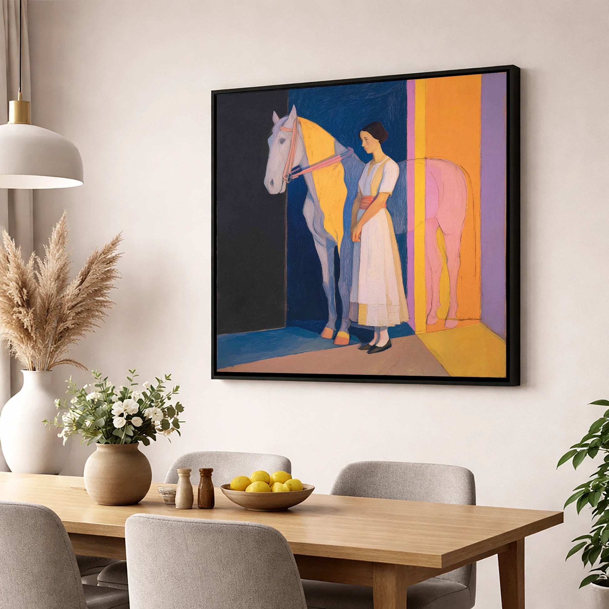 Modernist Equine Harmony horse & rider wall art displayed in a dining room