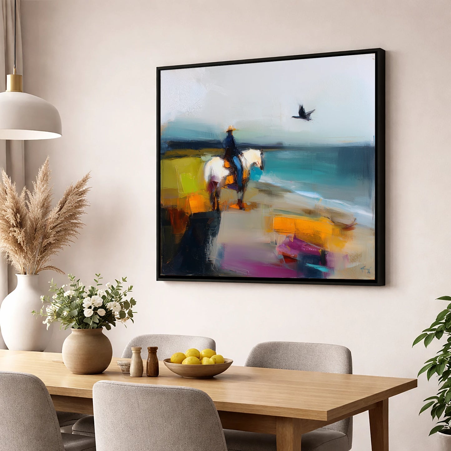 Vibrant Shoreline Hack beach horse wall art displayed in a dining room