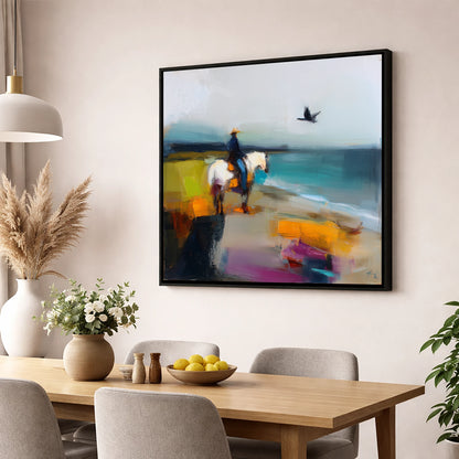 Vibrant Shoreline Hack beach horse wall art displayed in a dining room