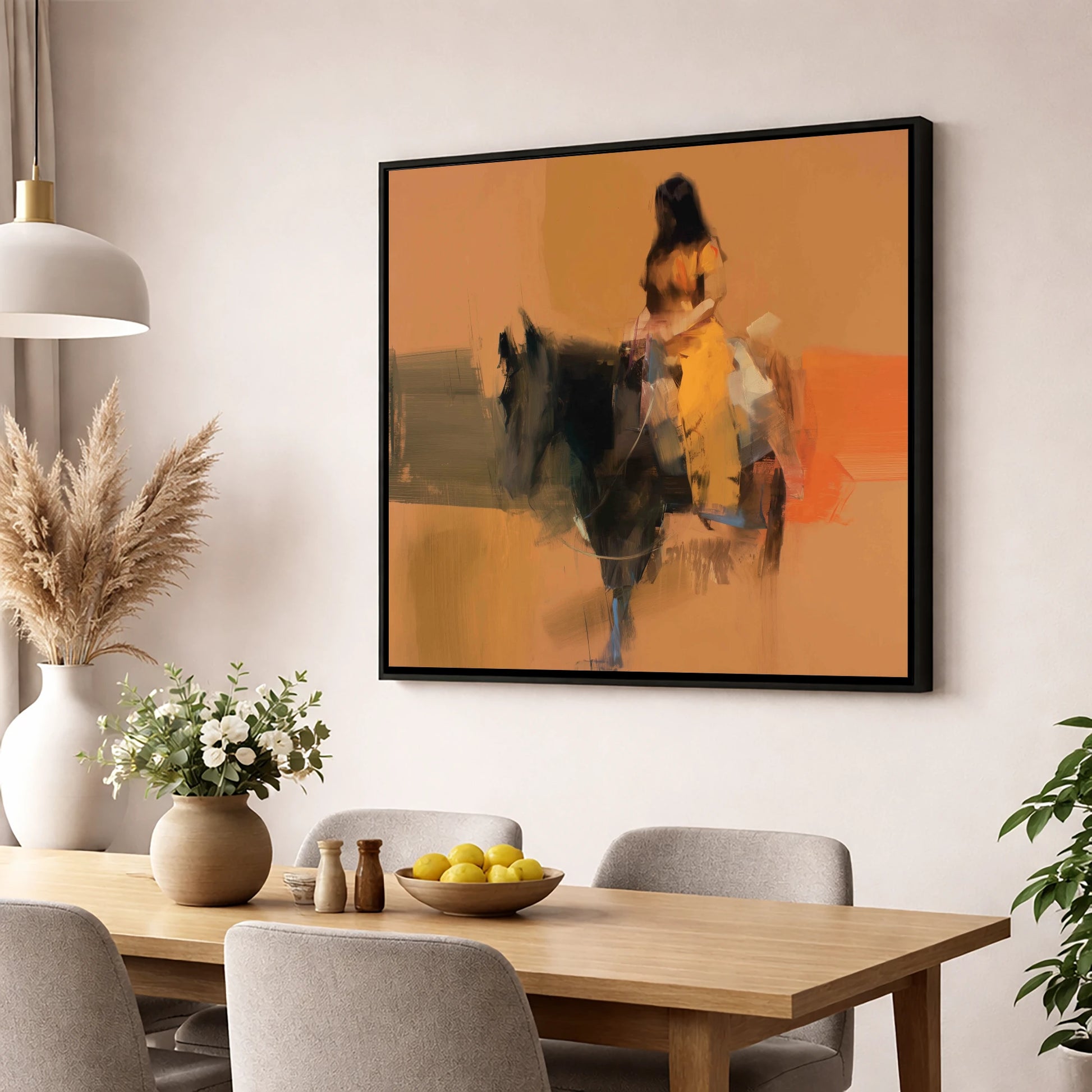 Ochre Rider horse & rider wall art displayed in a dining room