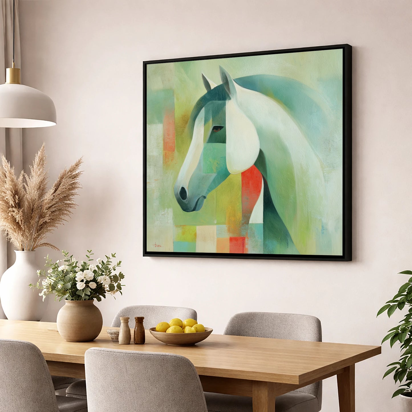 Geometric Equine Harmony horse portrait wall art displayed in a dining room