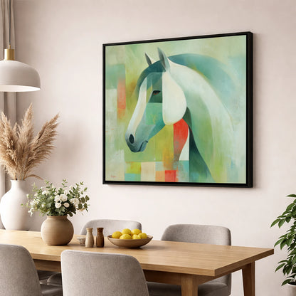 Geometric Equine Harmony horse portrait wall art displayed in a dining room