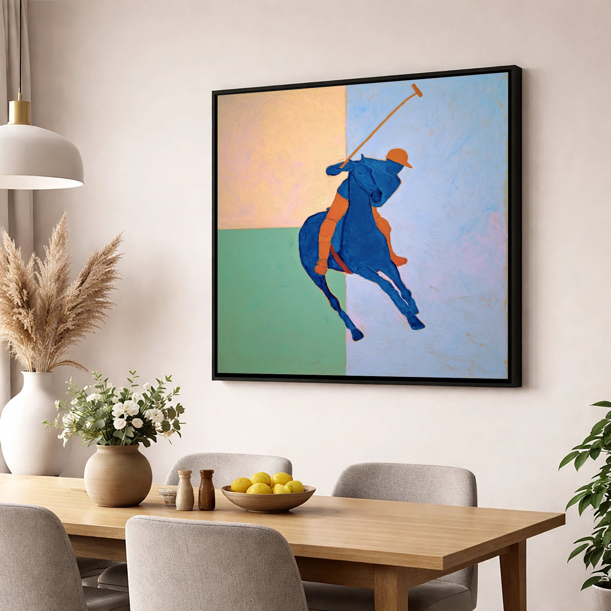 Cobalt Polo Swing polo horse wall art displayed in a dining room