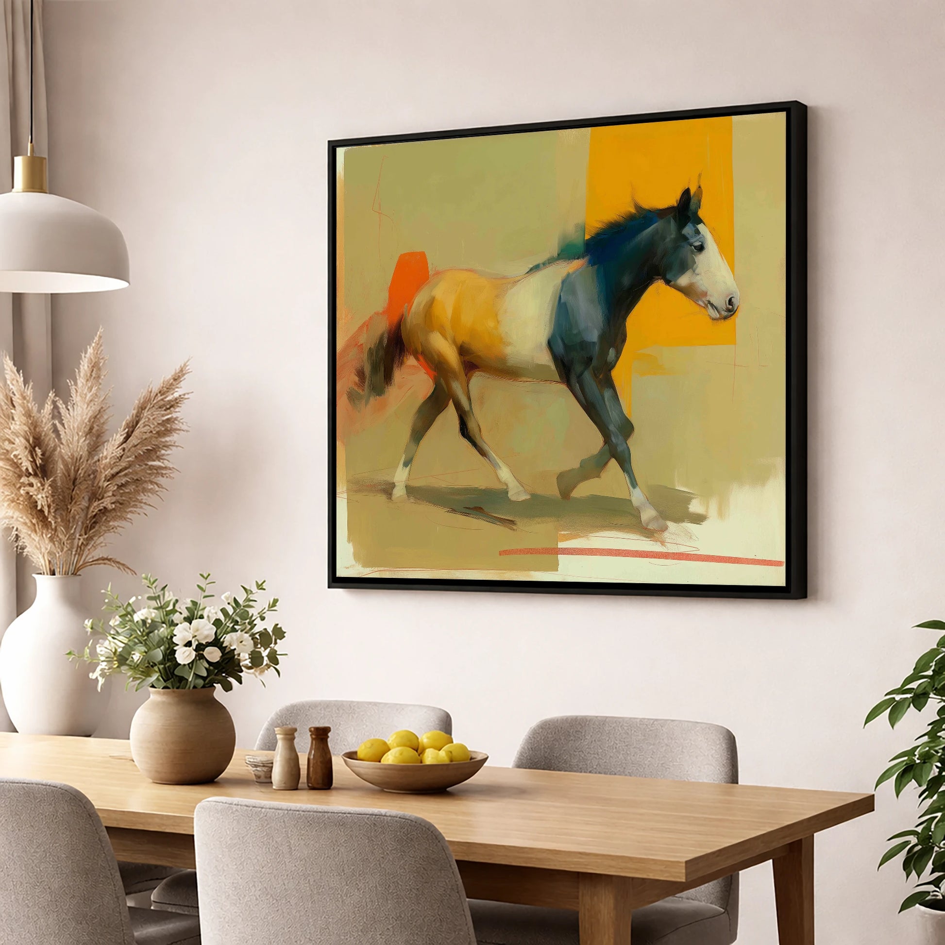 Vivid Abstract Stride horse portrait wall art displayed in a dining room