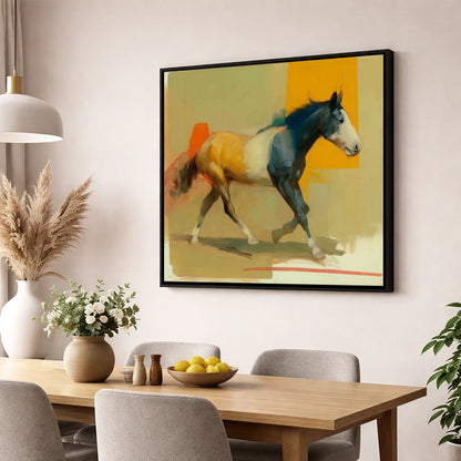 Vivid Abstract Stride horse portrait wall art displayed in a dining room