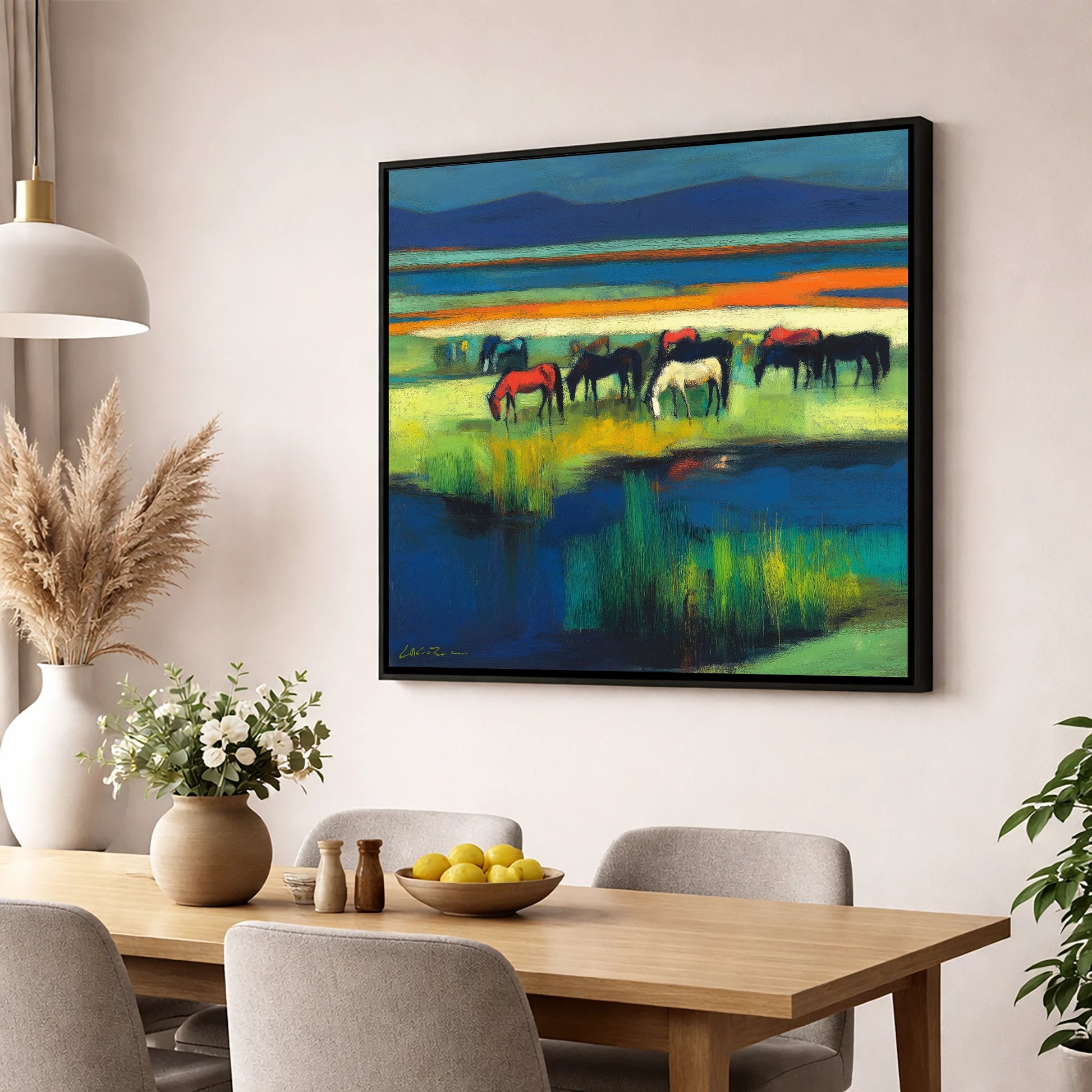 Vibrant Grazing Herd wild horses wall art displayed in a dining room