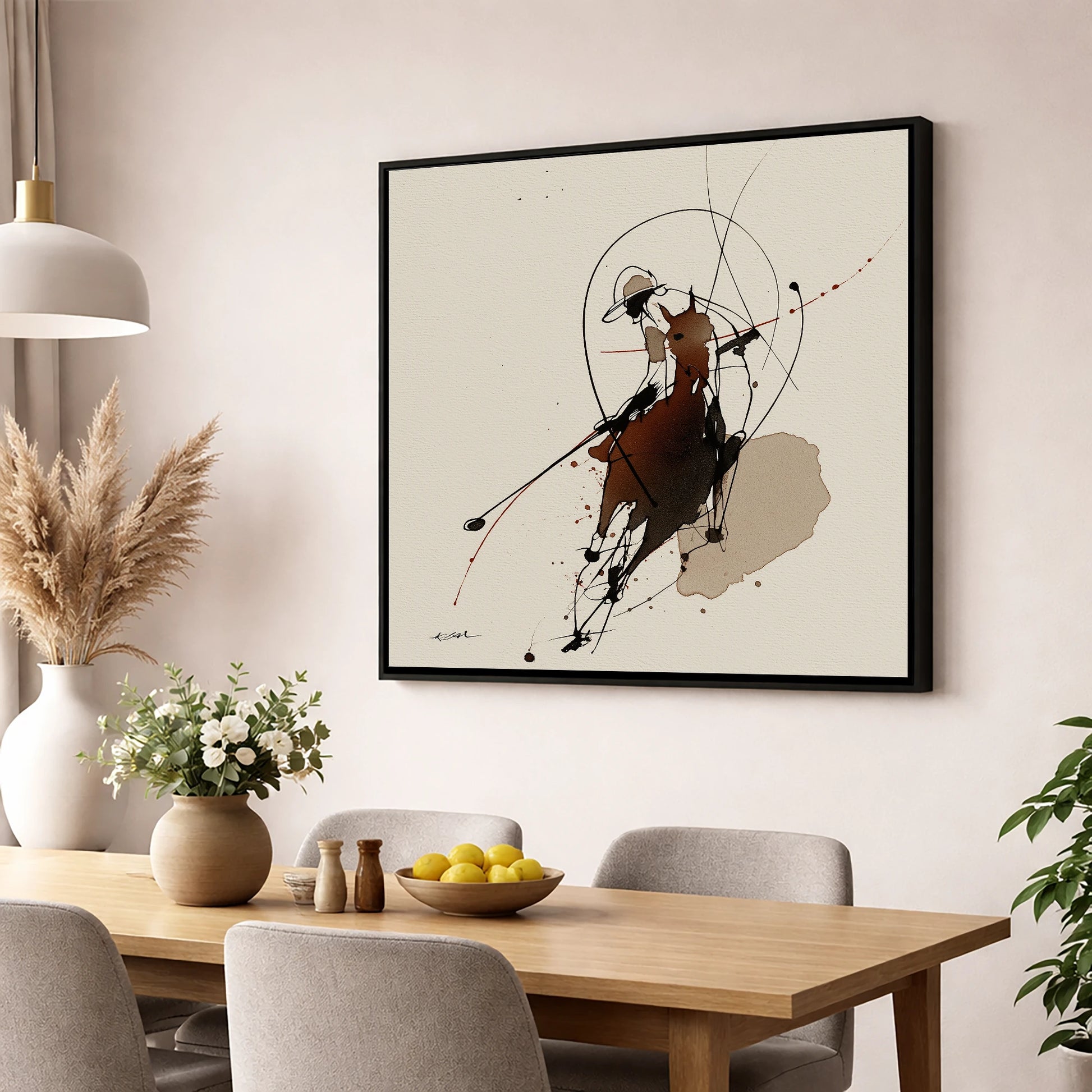 The Decisive Strike polo horse wall art displayed in a dining room