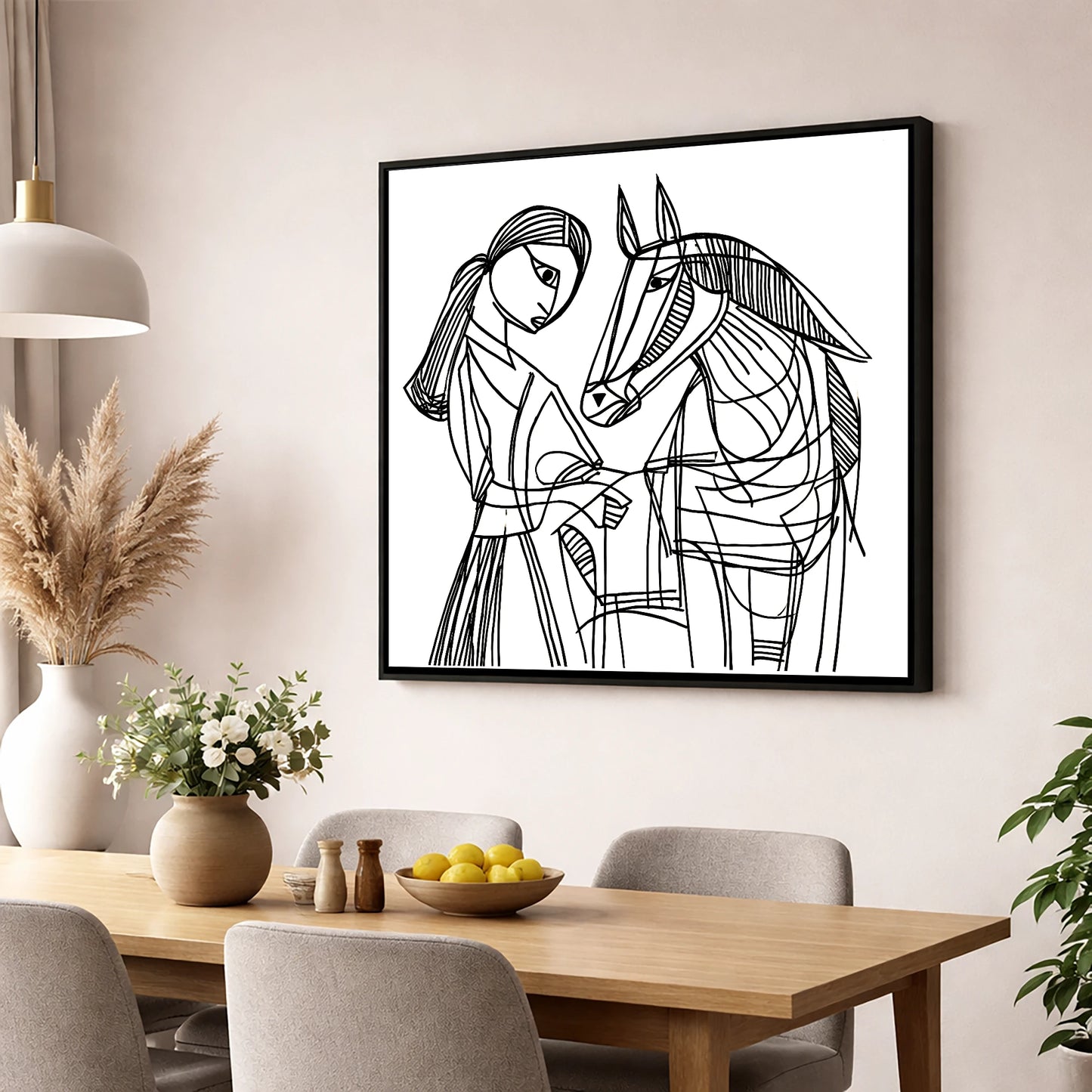 Lines of Connection horse & rider wall art displayed in a dining room