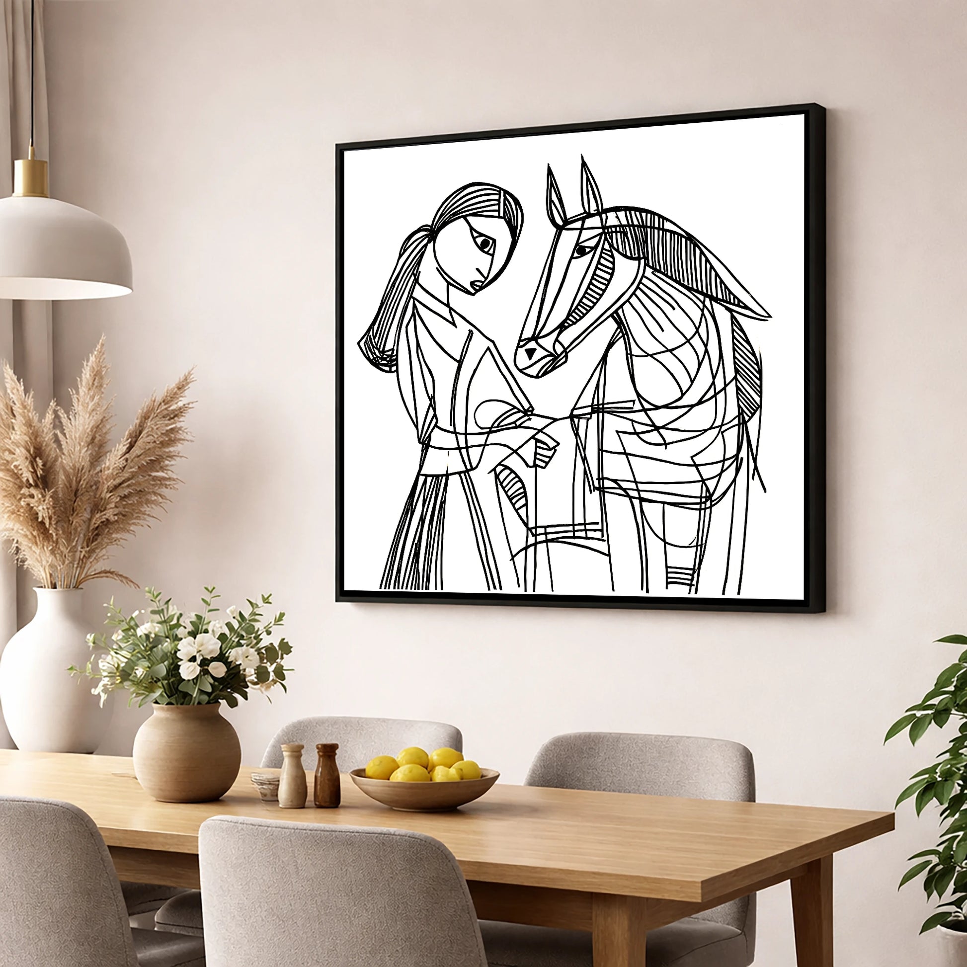 Lines of Connection horse & rider wall art displayed in a dining room