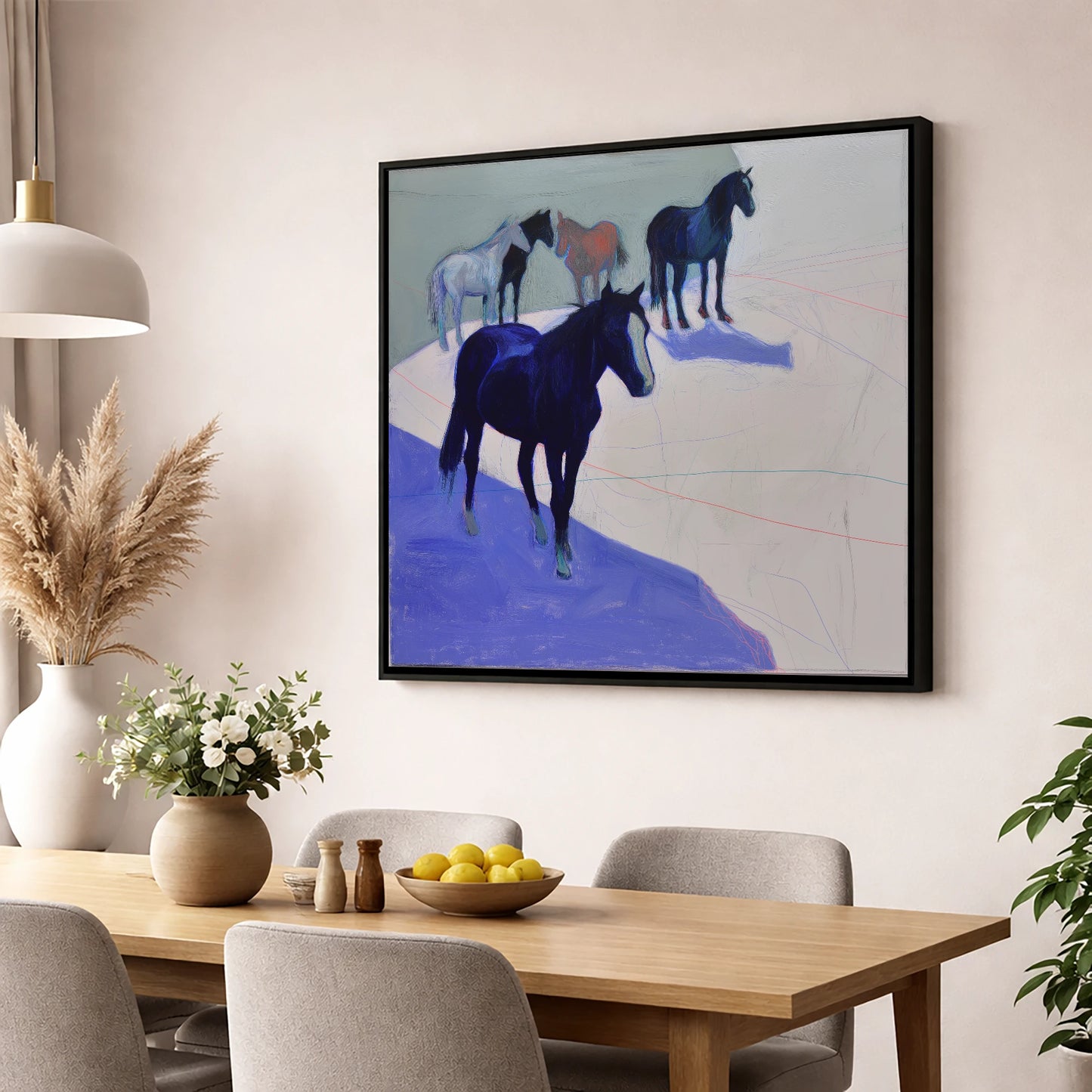 Abstract Herd in Blue wild horses wall art displayed in a dining room