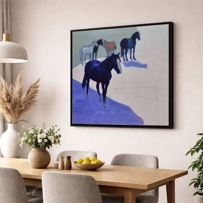 Abstract Herd in Blue wild horses wall art displayed in a dining room