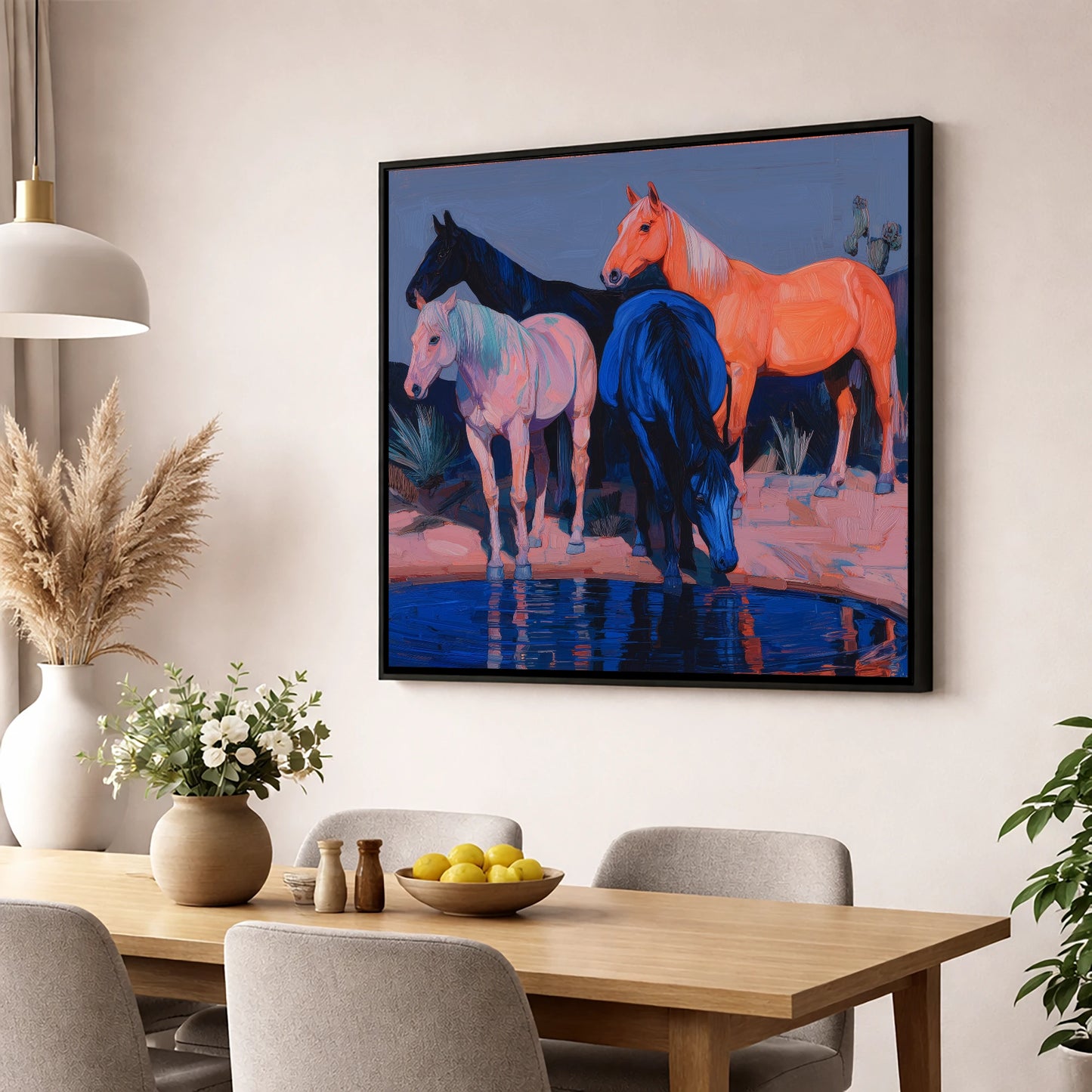 Vivid Desert Oasis wild horses wall art displayed in a dining room