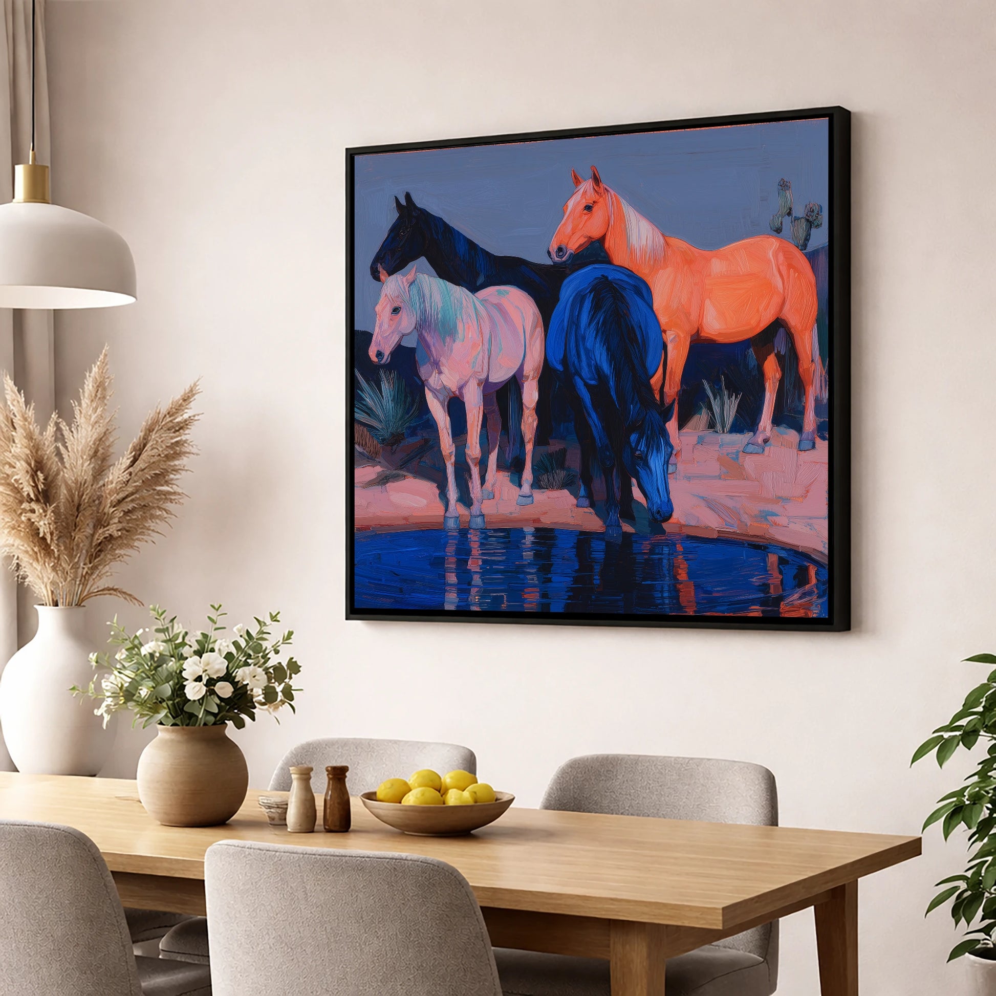 Vivid Desert Oasis wild horses wall art displayed in a dining room