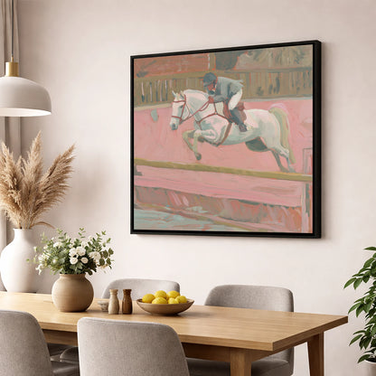 Flight in Dusty Pink show jumping horse wall art displayed in a dining room