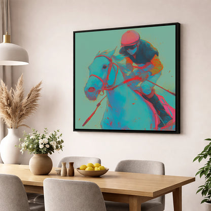Electric Furlong racing horse wall art displayed in a dining room