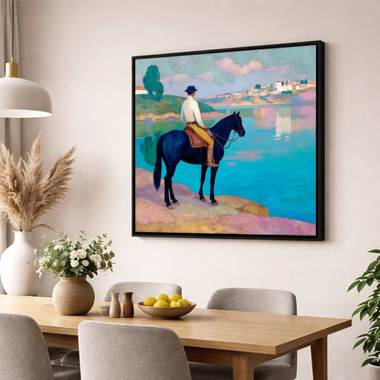 Gazing Across Vivid Waters beach horse wall art displayed in a dining room