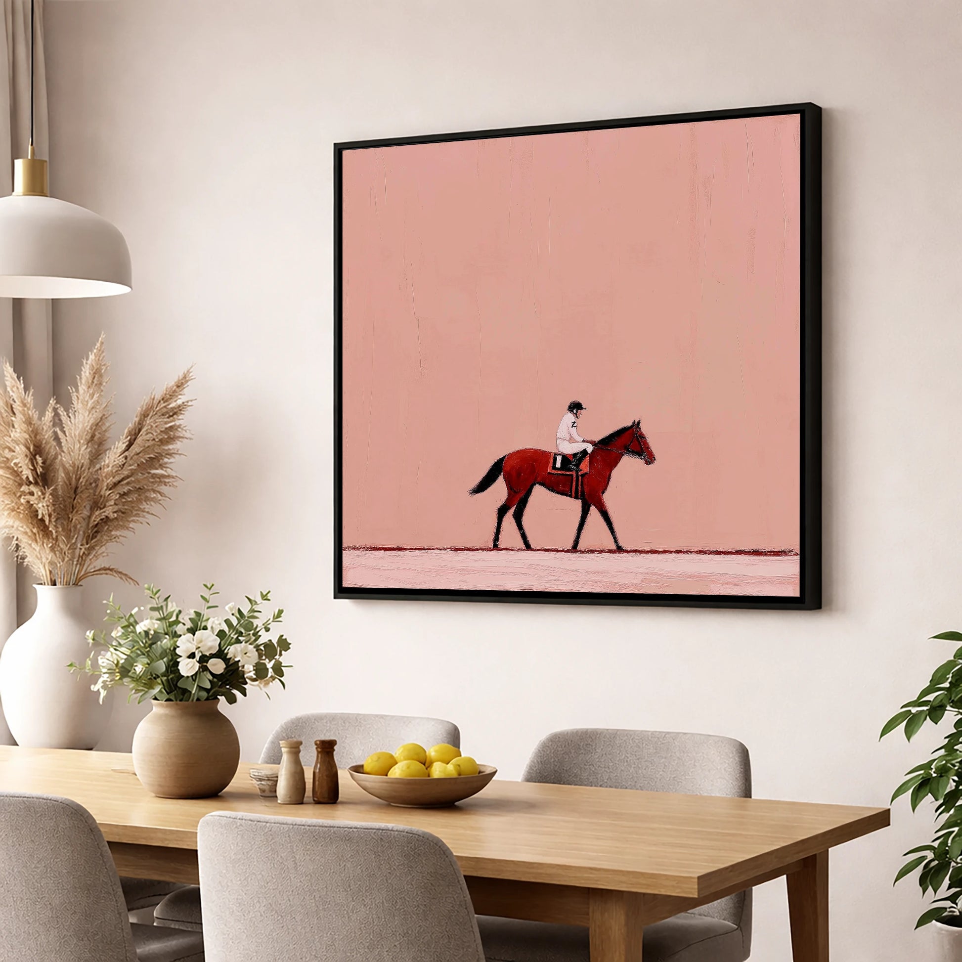 The Quiet Walk racing horse wall art displayed in a dining room