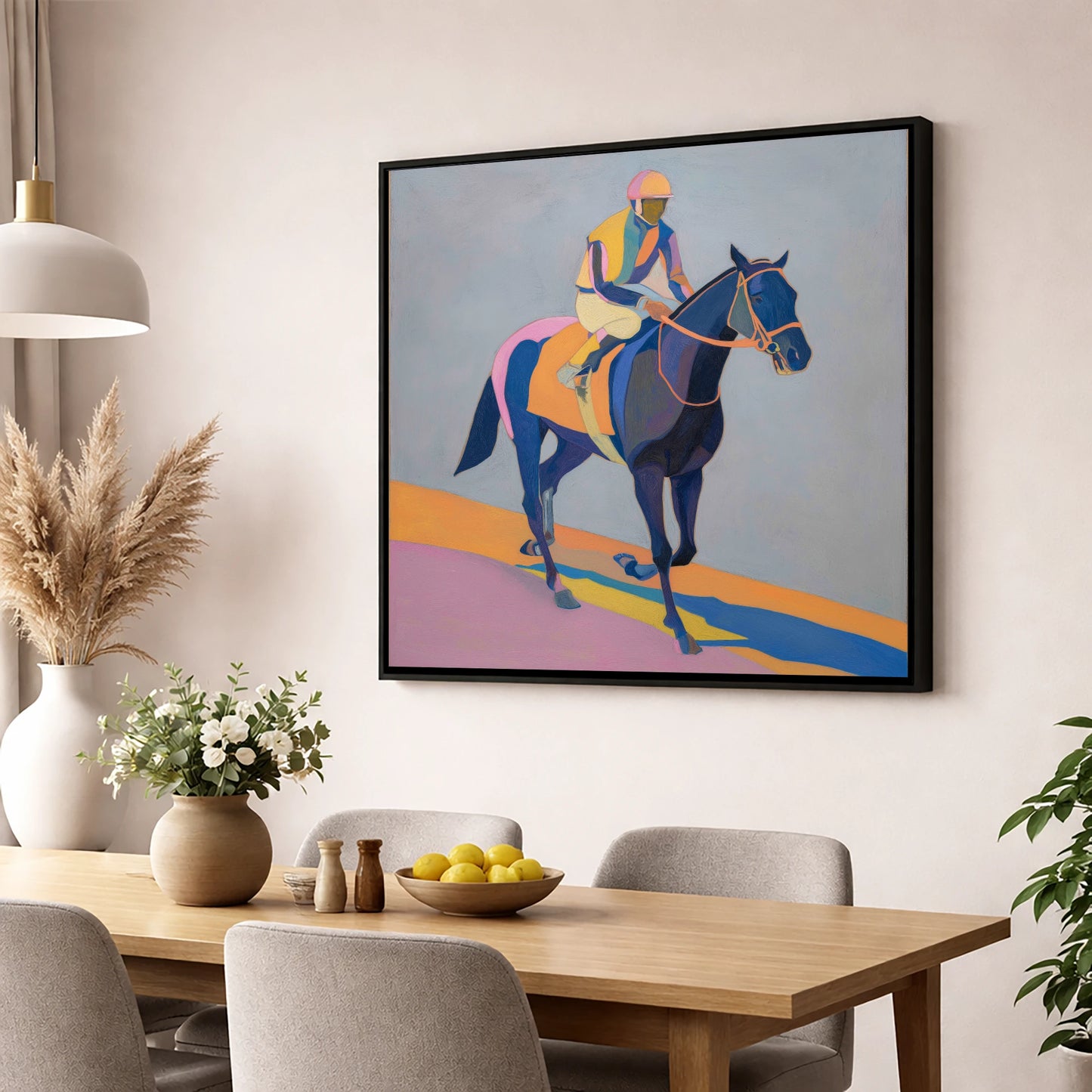 Colours To The Post racing horse wall art displayed in a dining room