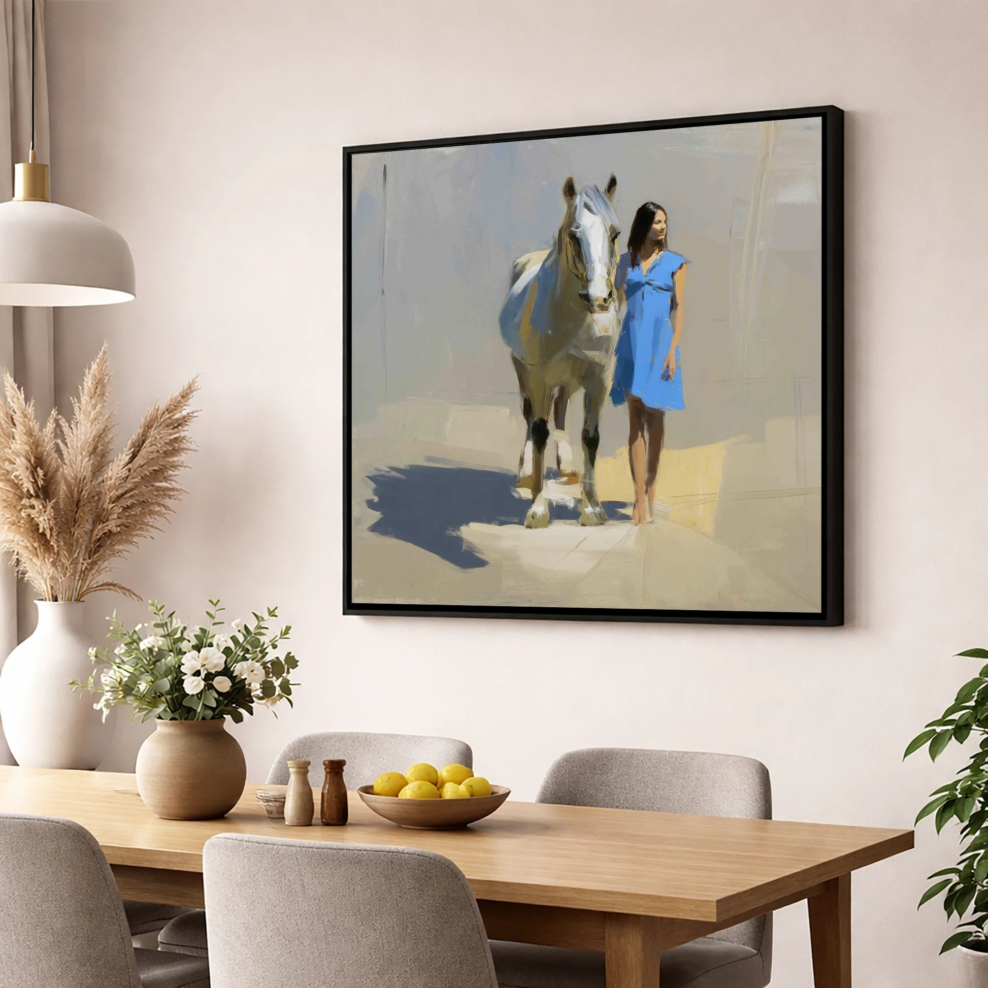 Sunlit Serenity horse & rider wall art displayed in a dining room