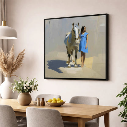 Sunlit Serenity horse & rider wall art displayed in a dining room