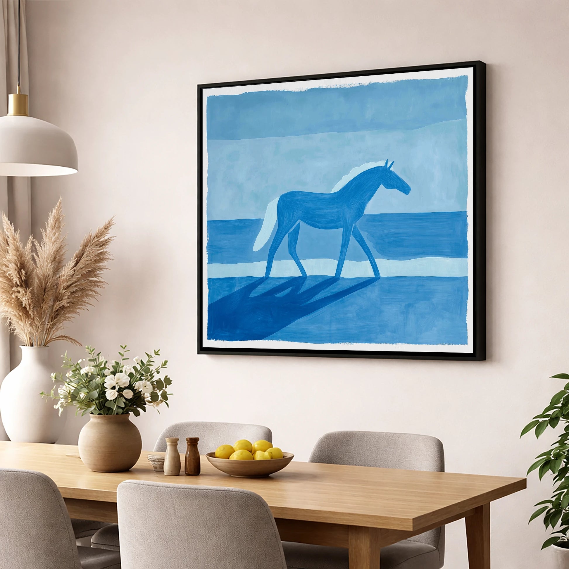 Cobalt Coastal Strides horse landscape wall art displayed in a dining room