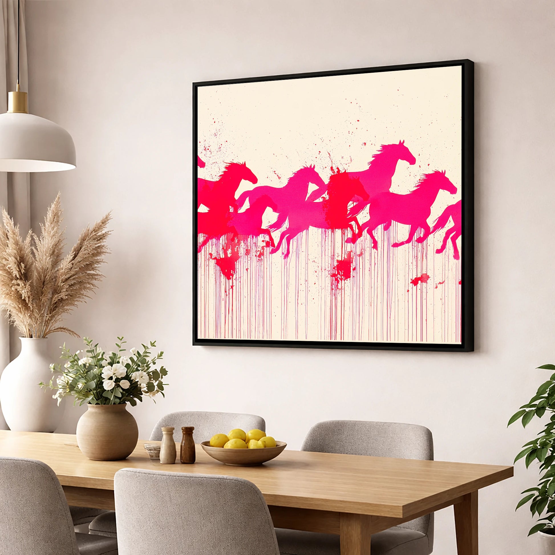 Vivid Magenta Herd wild horses wall art displayed in a dining room