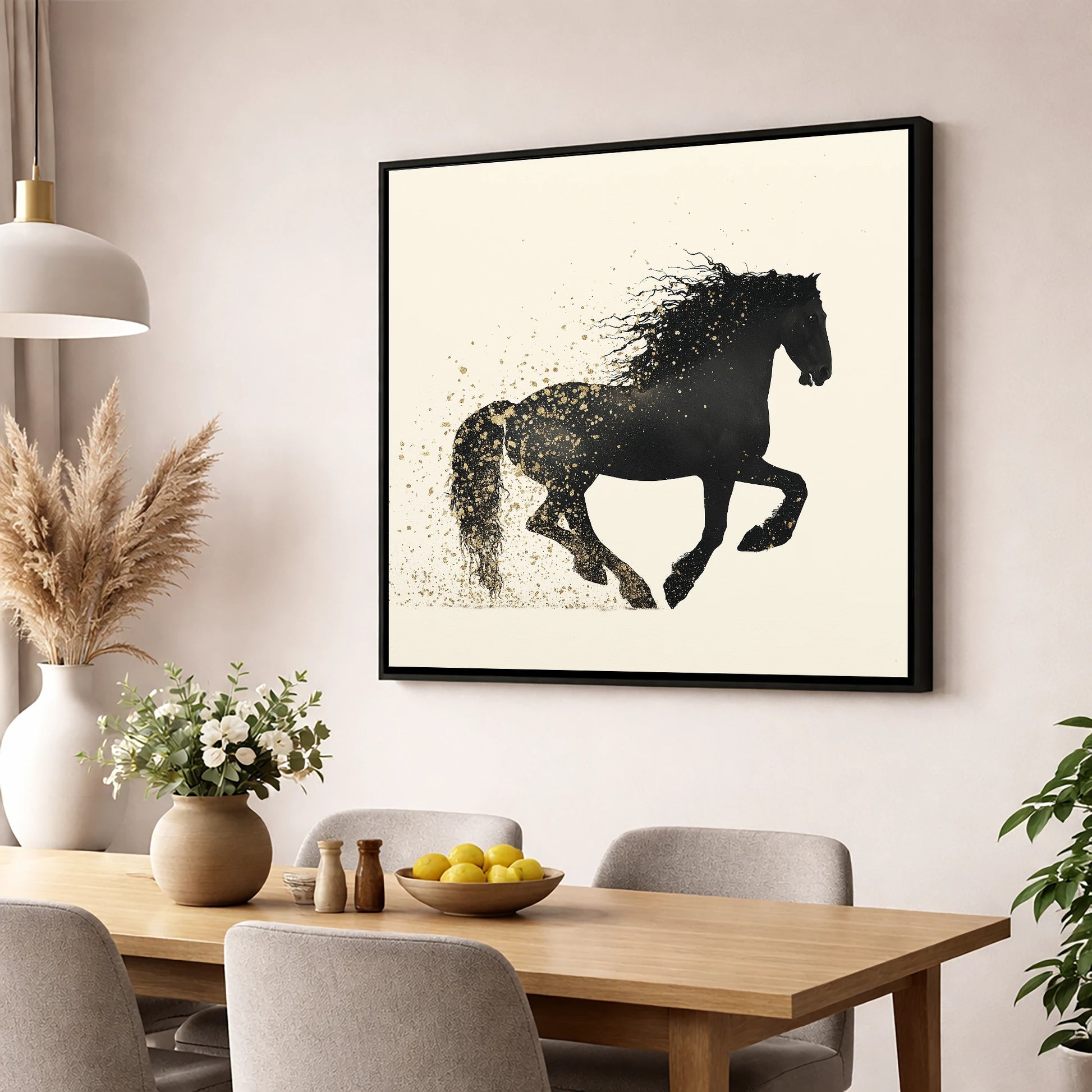 Midnight Gold Friesian horse breed wall art displayed in a dining room