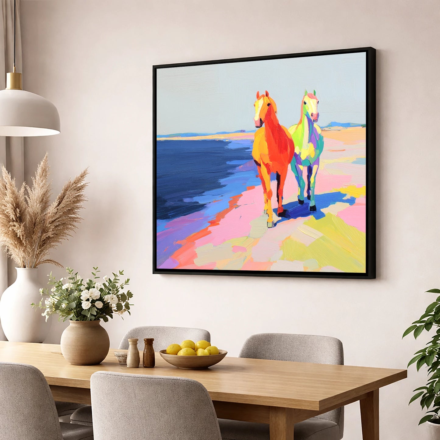 Vibrant Coastal Companions horse landscape wall art displayed in a dining room