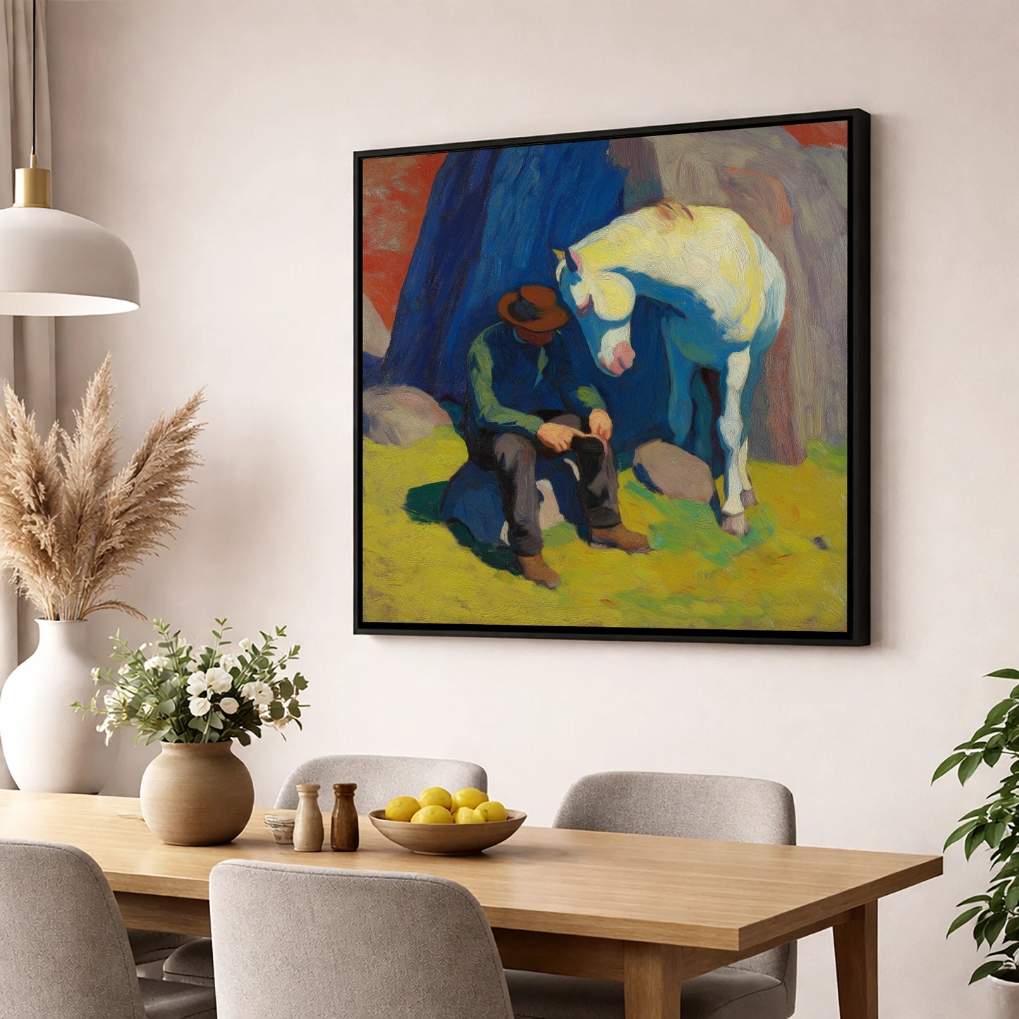 Vivid Companionship horse & rider wall art displayed in a dining room