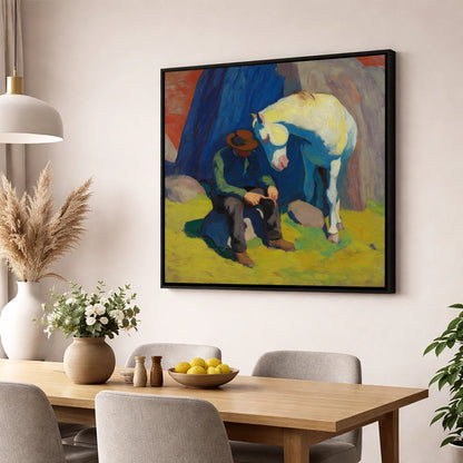 Vivid Companionship horse & rider wall art displayed in a dining room