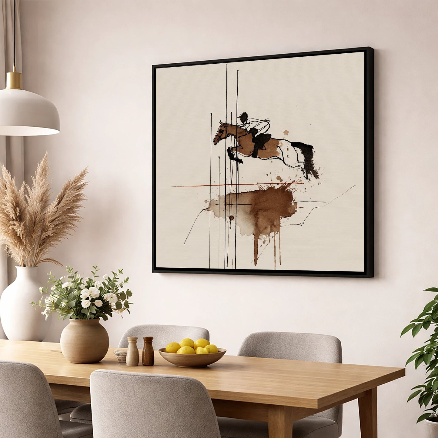 Dynamic Clearance show jumping horse wall art displayed in a dining room
