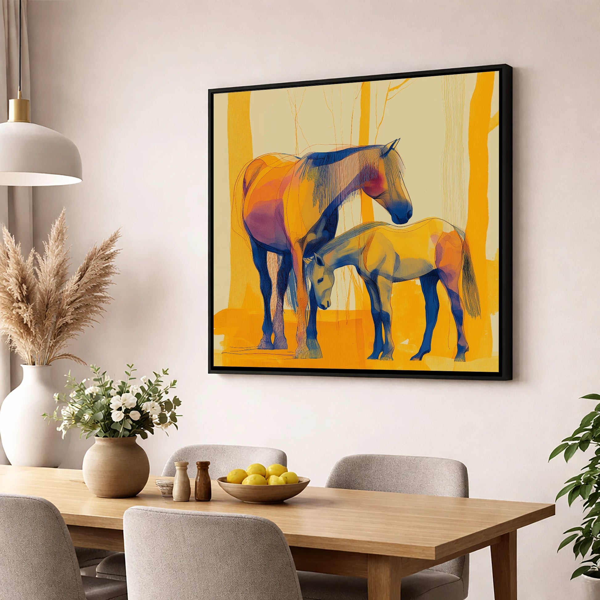 Saffron Mare and Foal horse landscape wall art displayed in a dining room