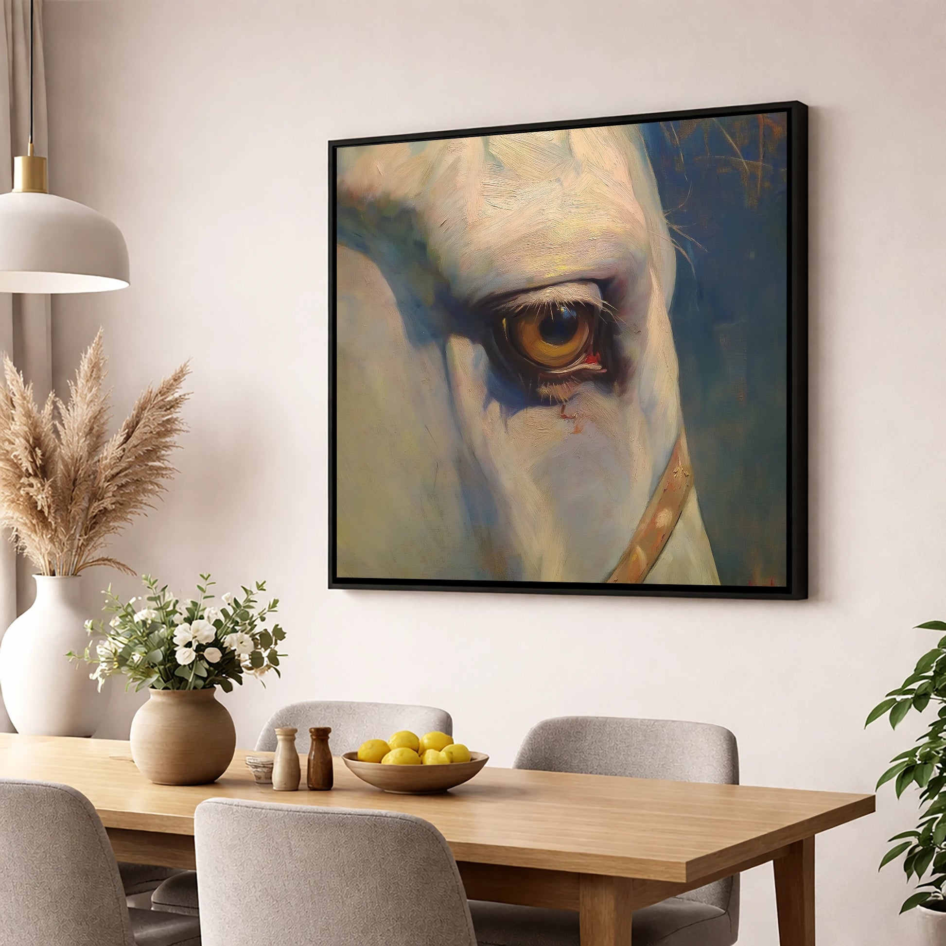 The Knowing Eye horse portrait wall art displayed in a dining room
