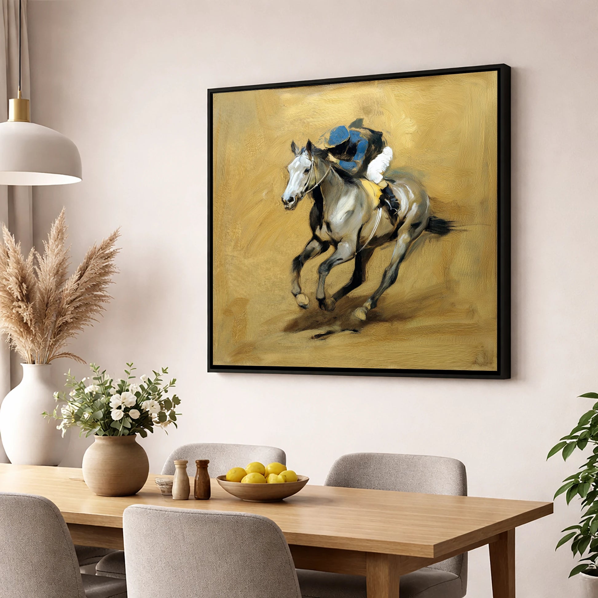 The Grey Challenger racing horse wall art displayed in a dining room