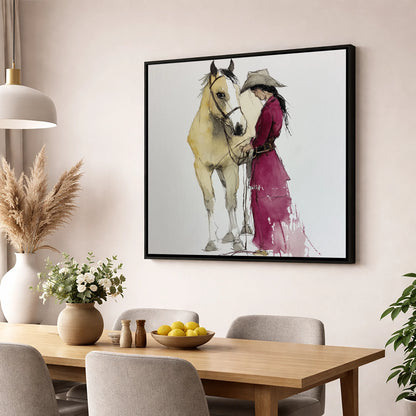 A Quiet Understanding horse & rider wall art displayed in a dining room