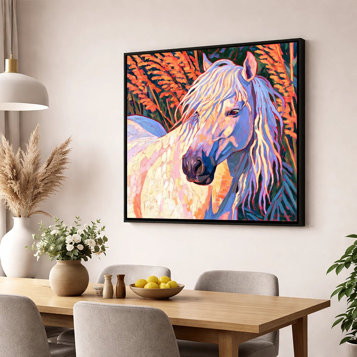 Vibrant Grey Horse Portrait horse breed wall art displayed in a dining room