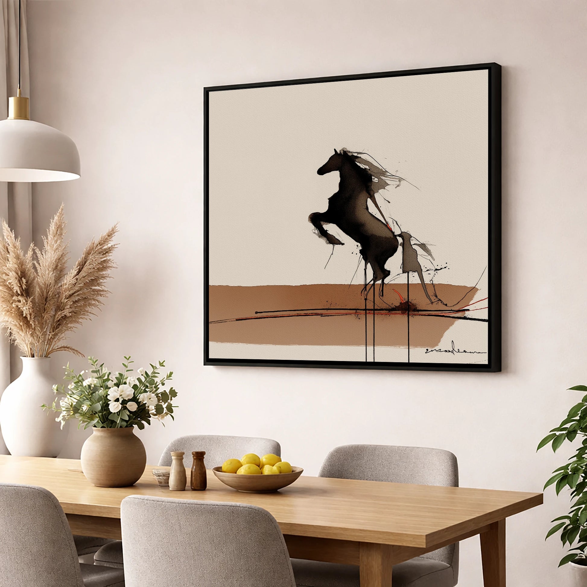 Untamed Dark Silhouette wild horses wall art displayed in a dining room