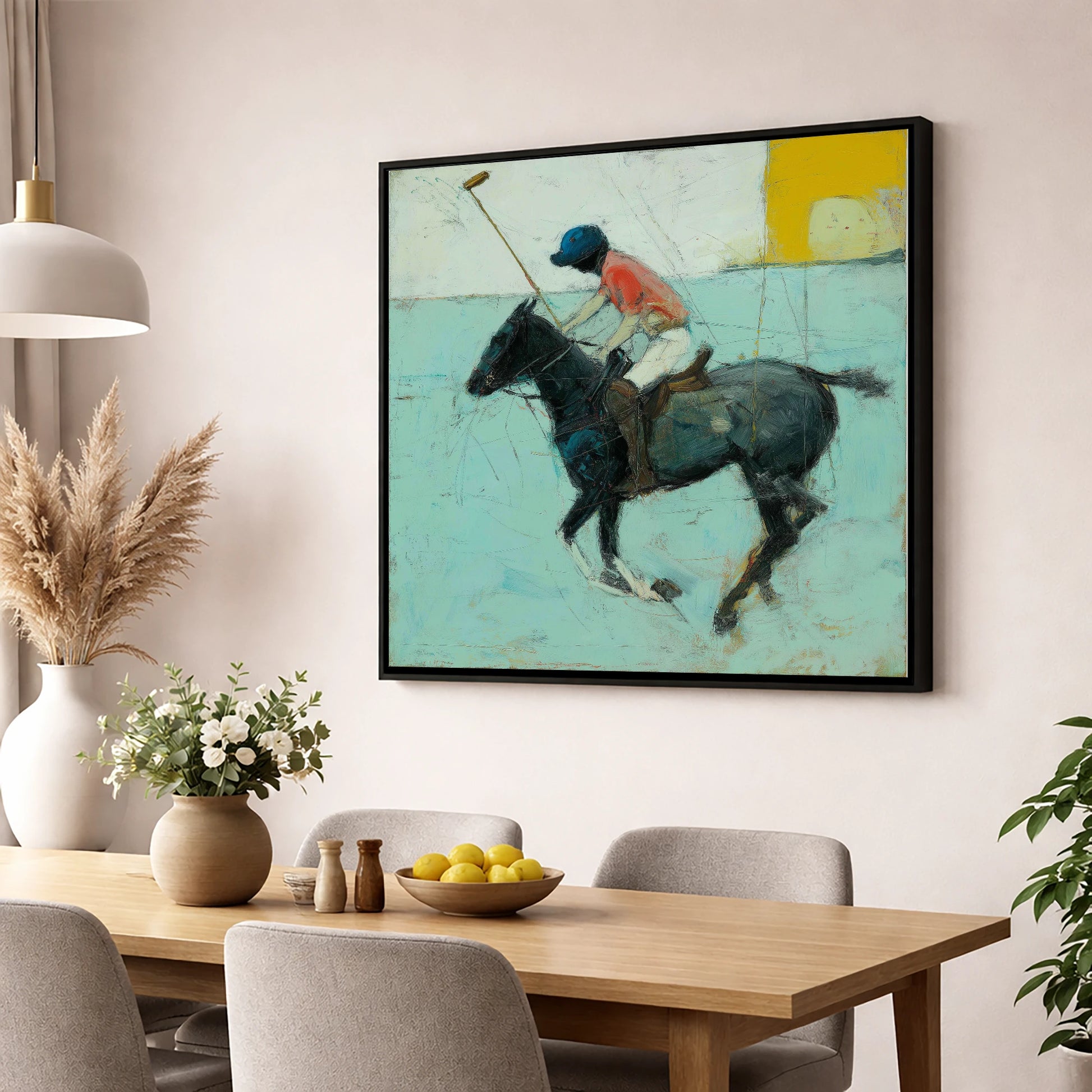 The Forward Swing polo horse wall art displayed in a dining room