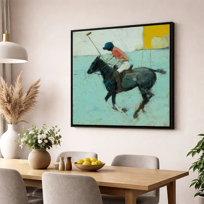The Forward Swing polo horse wall art displayed in a dining room