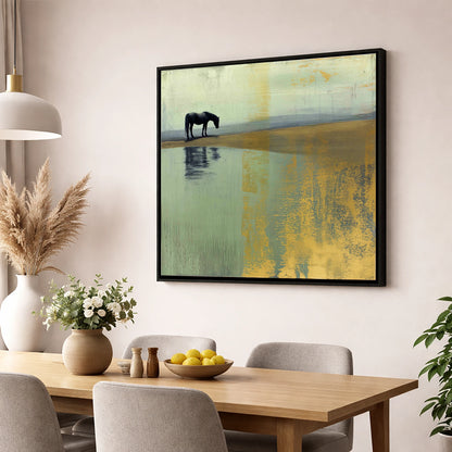 Gilded Solitude horse landscape wall art displayed in a dining room
