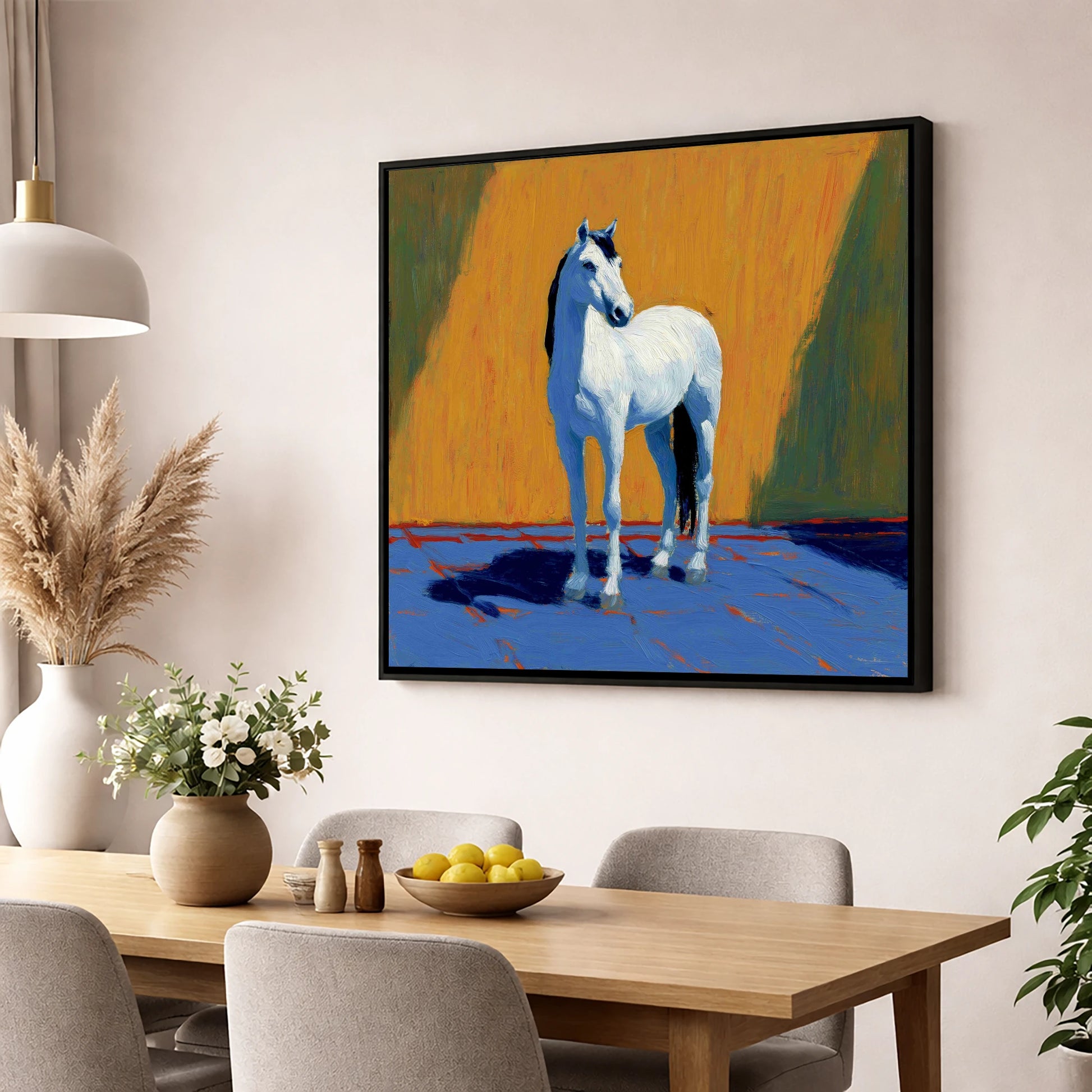 Sun-Drenched White horse breed wall art displayed in a dining room