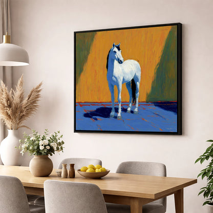 Sun-Drenched White horse breed wall art displayed in a dining room