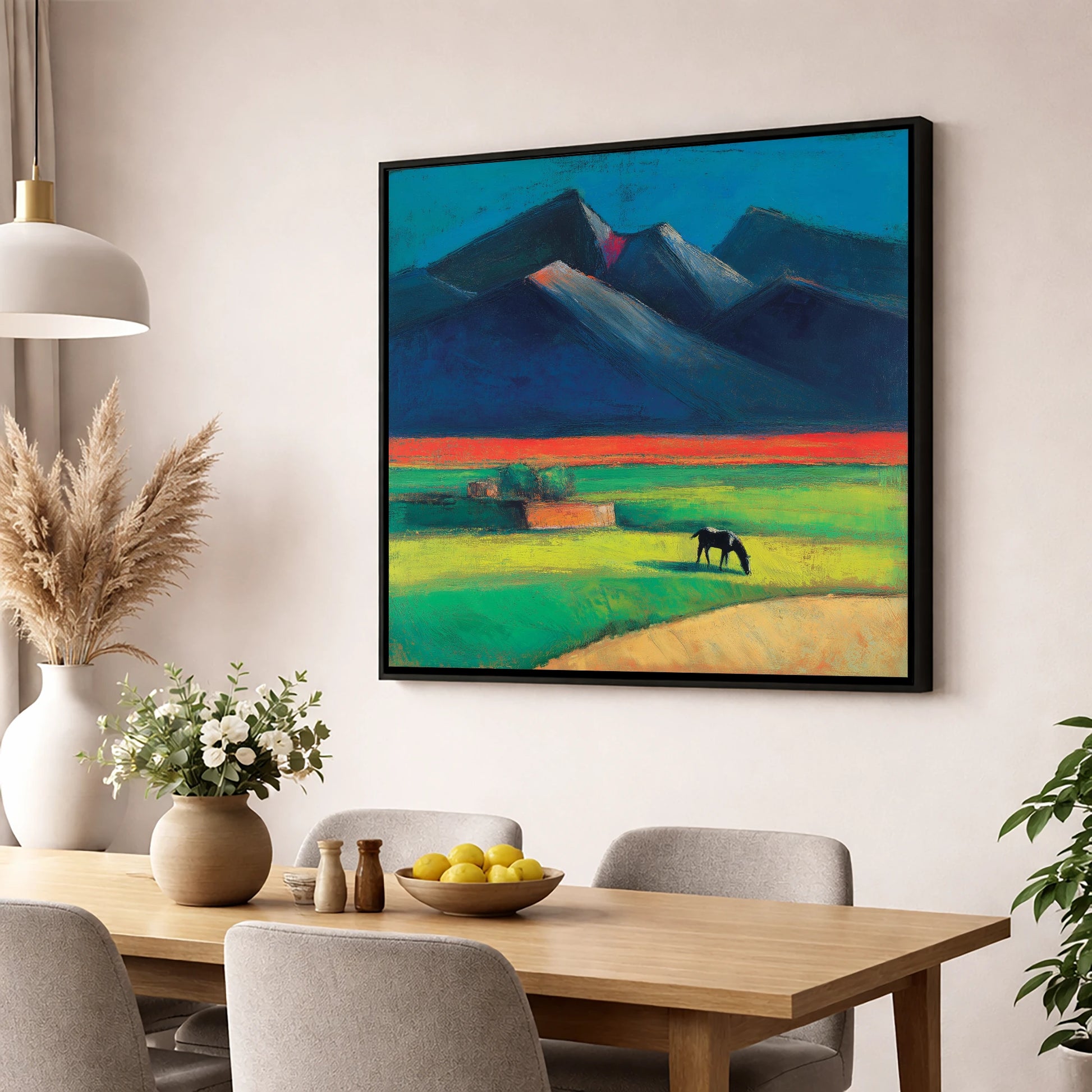 Grazing Beneath Indigo Peaks horse landscape wall art displayed in a dining room