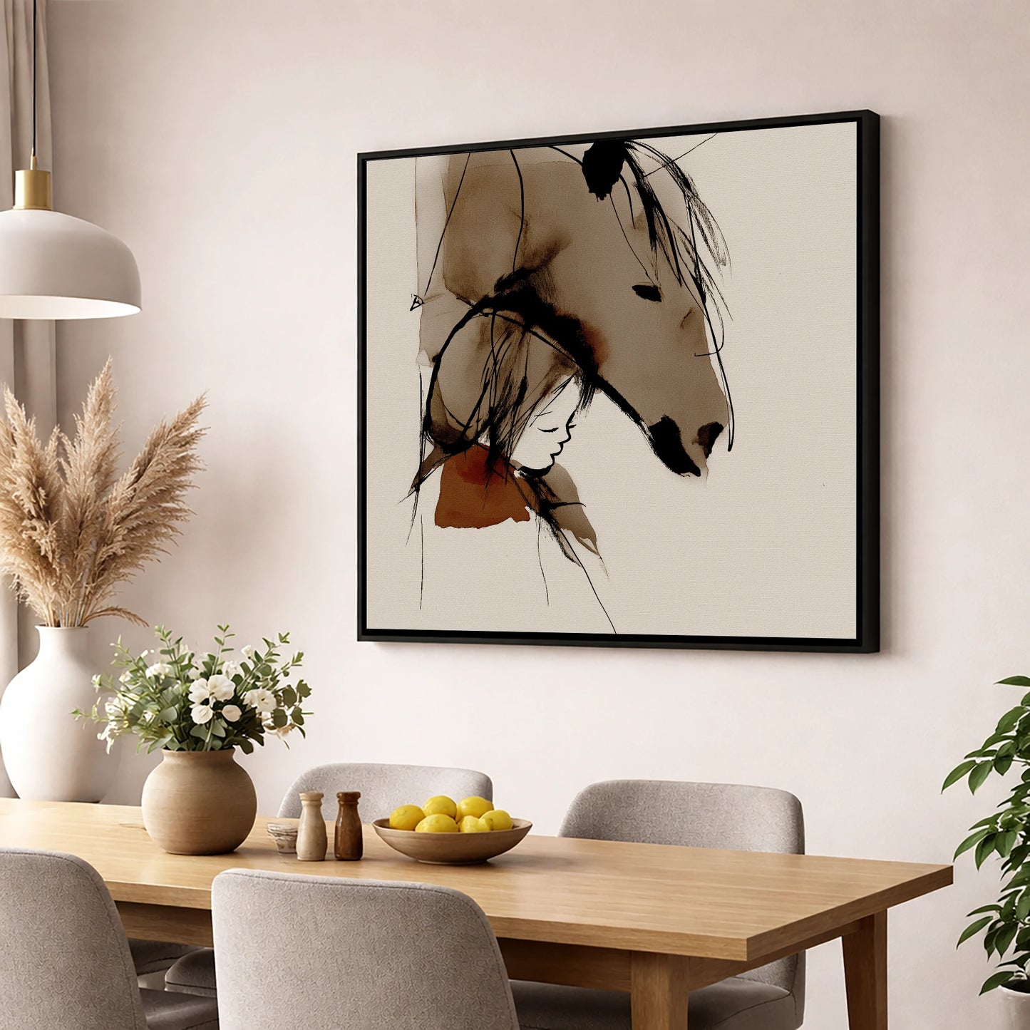 The Quiet Bond horse & rider wall art displayed in a dining room